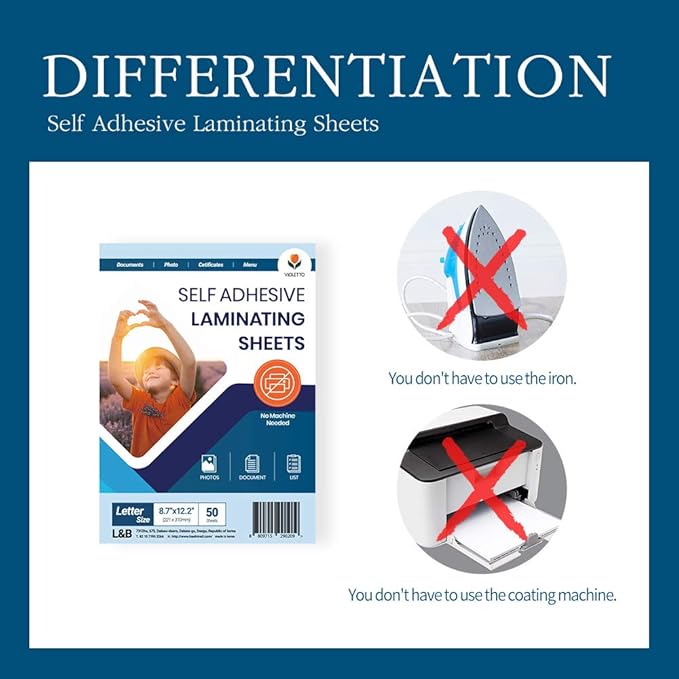 Self Adhesive Laminating Sheets 12.3x17.1 inch, 50 Pack, 4mil Thickness, No-Machine Needed, QuickPeel, Instashield, Stick&GO (50 Sheets, Letter Size 4mil)
