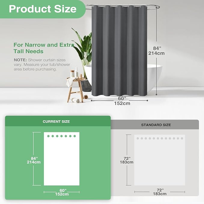 Dynamene Stall Fabric Shower Curtain, 60 x 84 inch Long Waffle Weave Weighted Thick Cloth Shower Curtain for Bathroom, Neutral Heavy Duty Hotel Spa Luxury Bath Curtain Set with 10 Hook, Charcoal Grey