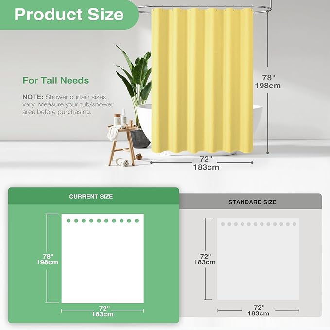Dynamene Long Fabric Shower Curtain - 78 inch Long Waffle Weave Weighted Cloth Shower Curtains for Bathroom, Neutral Heavy Duty Hotel Spa Luxury Bath Curtain Set with 12 Hooks, 72x78, Yellow