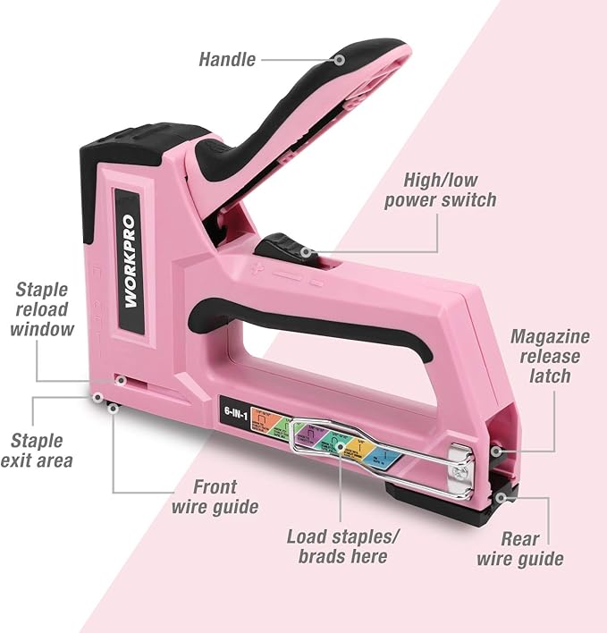 WORKPRO Pink Staple Gun, 6-in-1 Manual Brad Nailer with 4000-Pieces Staples for Fixing Material, Carpentry, Upholstery, Furniture and DIY - Pink Ribbon