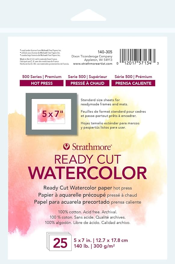 Strathmore 140-305 500 Series Ready Cut Watercolor Paper, 140 lb. Hot Press, 5"x7", 25 Sheets, Multicolor