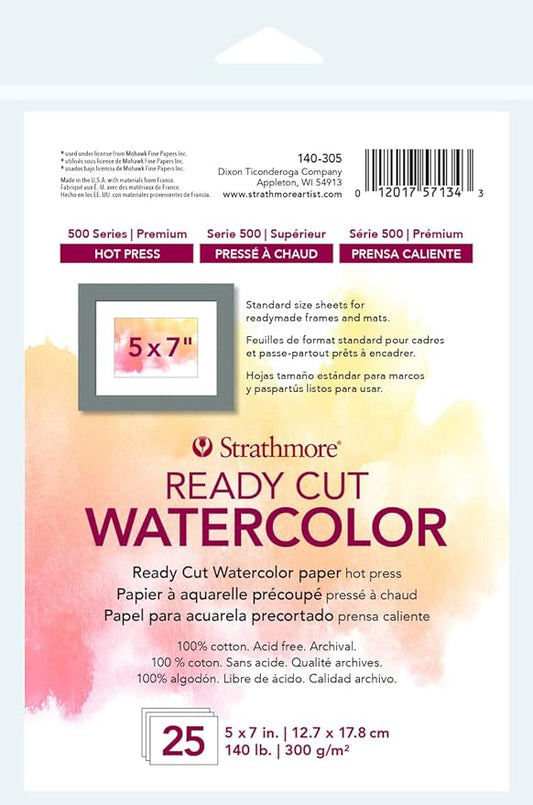 Strathmore 140-305 500 Series Ready Cut Watercolor Paper, 140 lb. Hot Press, 5"x7", 25 Sheets, Multicolor