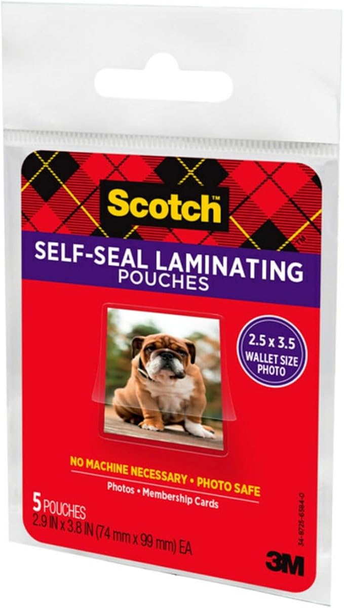 Scotch Self-Sealing Laminating Pouches, Wallet Photo Size, Glossy Finish, 2 1/2 in. x 3 1/2 in., 5 Pouches (Pack of 2)
