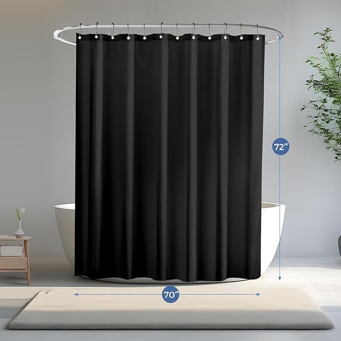 downluxe Waterproof Fabric Shower Curtain Liner, Soft Cloth Shower Liner with 3 Magnets, Machine Washable & Hotel Quality Bathroom Curtain, 70" W x 72" L, Black