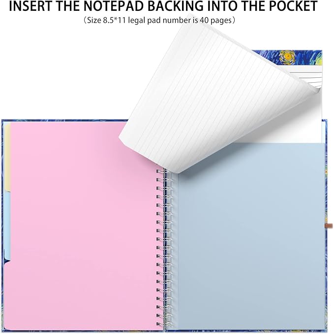 Rimilak Spiral Clipboard Folio with Refillable Lined Notepad, 14.5 x 9.8 In, Hardcover Cover with 5 Interior Pockets, Elastic Band and Pen Loop Series. Cute Stylish Clipfolio, Starry Sky
