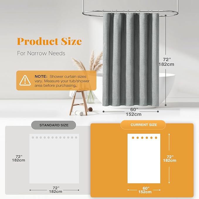 BTTN 60 Inch Fabric Shower Curtain, Stall Linen Textured Waterproof Heavy Duty Cloth Shower Curtain Set with 10 Plastic Hooks, Narrow Hotel Luxury Washable Bath Curtains for Bathroom, 60x72, Gray/Grey