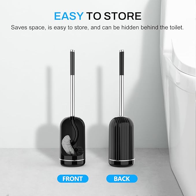 SetSail Toilet Brush and Holder Set, Compact Size Curved Toilet Bowl Brush for Bathroom Deep Cleaning with Stainless Steel Handle Toilet Cleaner Brush, Black-2p