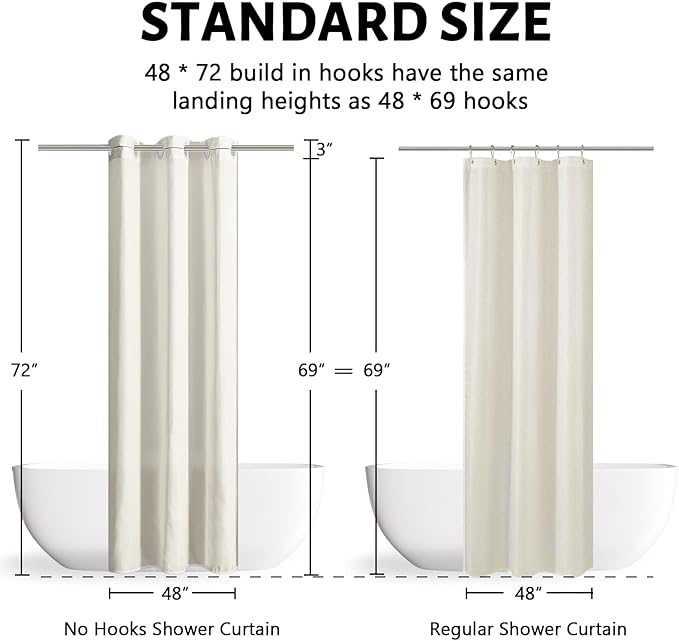 Furlinic No Hooks Required Fabric Shower Curtain Liner,Waterproof Polyester Heavy Duty Bathroom Curtains with Weighted Hem Lead Wire,Beige,Small Narrow,48x72 Inch