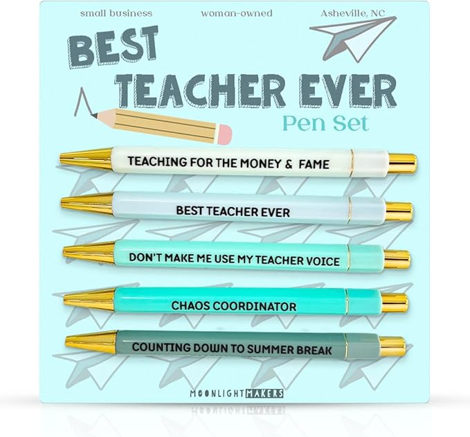 Moonlight Makers Funny Pens and Notepad Stationery Set - 5 Best Teacher Ever Engraved Ballpoint Pens, Black Ink, Teacher Survival Checklist Notepad, Cute Desk Supplies, Funny Work Gifts for Women