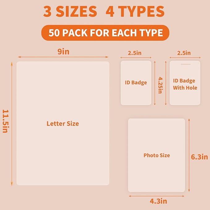 Binditek 5 Mil Thermal Laminating Pouches, 200 Pack, Assorted Sizes, Ultra Clear — Letter 9x11.5, Photo 4.3x6.3, ID 2.5x4.25
