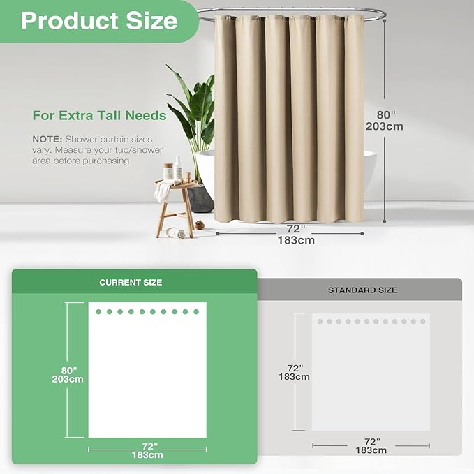 Dynamene Long Fabric Shower Curtain - Waffle Textured Tall Heavy Duty Cloth Shower Curtains for Bathroom, 256GSM Large Hotel Spa Luxury Bath Curtain Set with 12 Plastic Hooks(72Wx80H, Beige/Khaki)