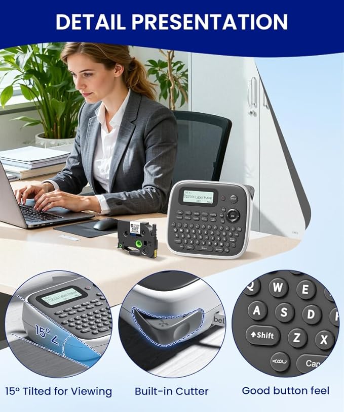 Label Maker Machine with Tape, Label Maker Waterproof Labels 12mm, D210s Laminated Labeler Machine, Multi Icons Borders & One-Touch Keys, Labelmaker for Home Use/School Office Supplies