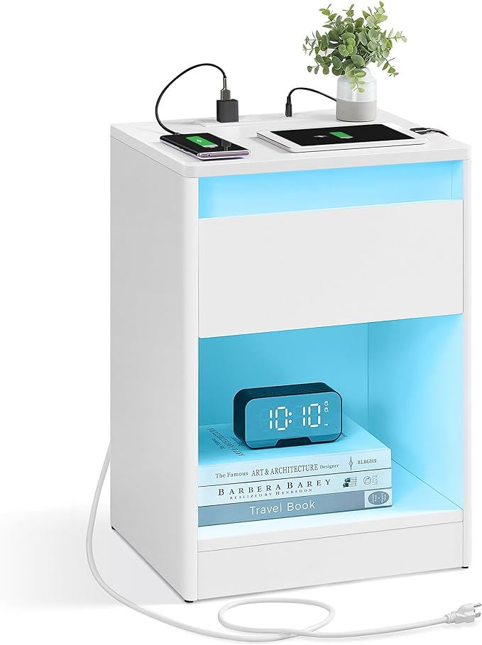 VASAGLE LED Nightstand with Charging Station, Adjustable Light Colors, 2 AC Outlets, 2 USB Ports, Bedside Table, Side Table with Drawer, Modern, 13.8 x 15.7 x 21.7 Inches, Cloud White ULET618T14V1
