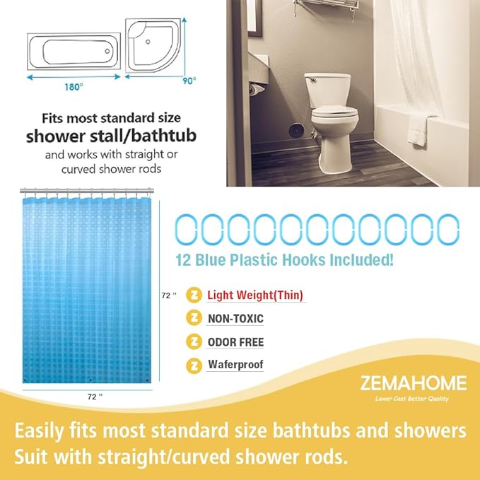 ZEMAHOMEEVA 3D Blue Geometric Plastic Shower Curtain Liner - Premium Light Weight 72" x 72" Blue Bathroom Shower Showroom Curtain Liner with Rustproof Metal Gromments and Weighted Magnet