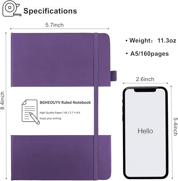 Notebook Journal, College Ruled Notebook Lined A5 160 Pages,Hard Cover Journals for Writing, Notebooks for Work Office School Women Men,5.7 inches x 8.4 inches(Purple)