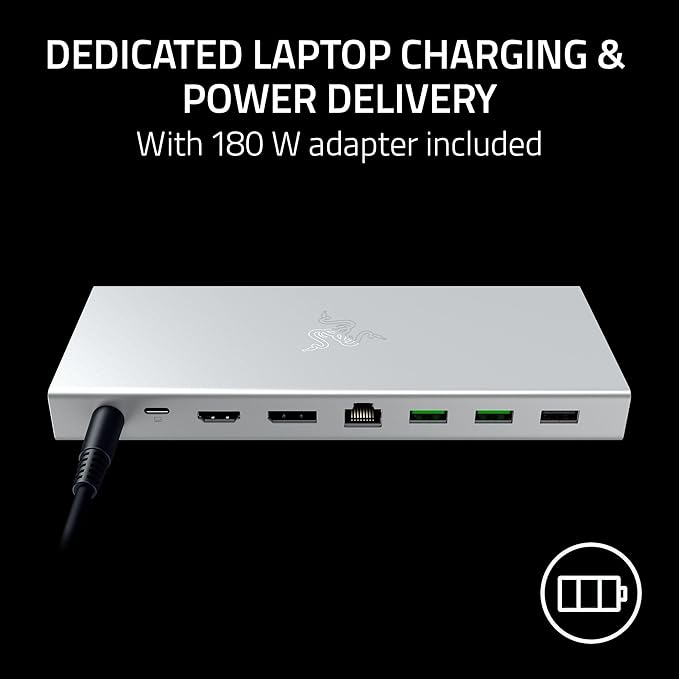 Razer USB 4 Dock: 14 Ports (Type C, Type A, HDMI, DP, Ethernet, SD, 3.5mm) - Dual Monitor Up to 4K 120 Hz - Laptop & Phone Fast Charge - Durable Lightweight Casing - Windows & Mac Compatible - Mercury