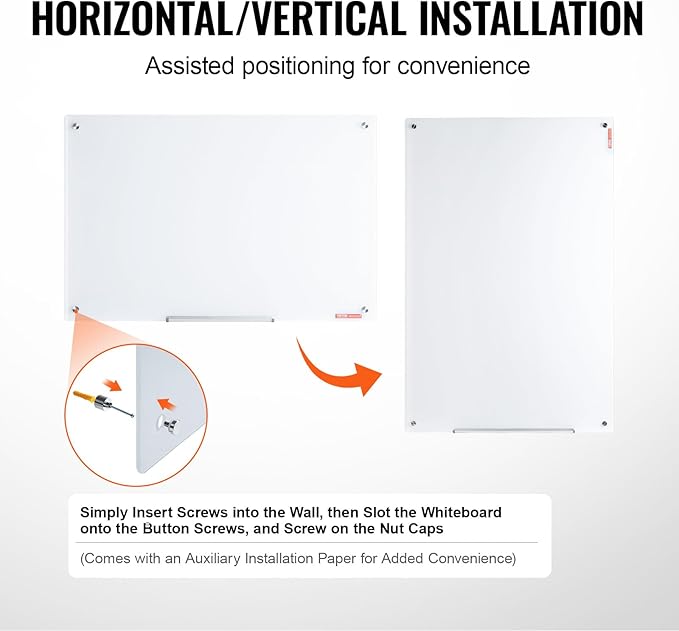 VEVOR Magnetic Glass Writing Board, Erasable 36"x24" Surface, Frameless Design for Wall, Includes Marker Holder, a Cleaning Tool, and 2 Writing Pens, White