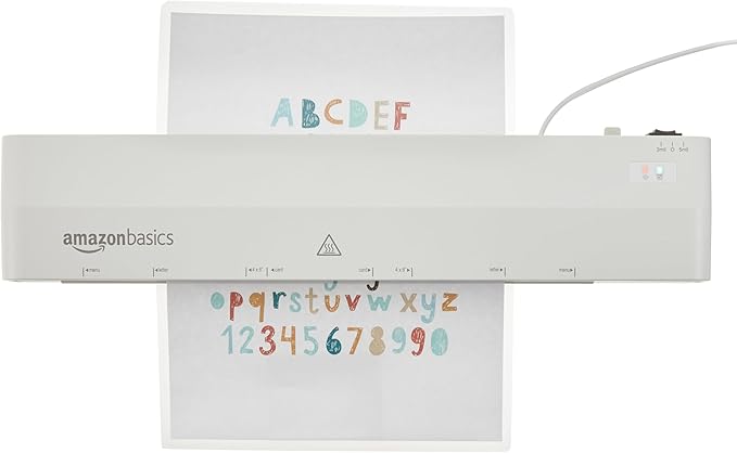 Amazon Basics 12-Inch Thermal Laminator Machine, 1 Min Fast Warm-Up, for Documents Photos, Home/Office/School Use, 20 Pouches Included, White