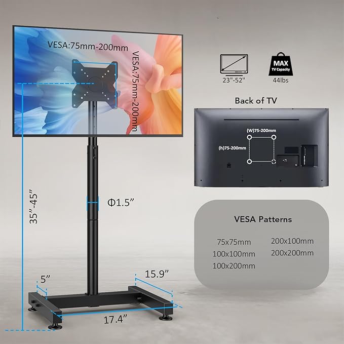 AX WABER TV Floor Stand for 13-50 inch Screens Holds up to 77lbs, Tilting and Height Adjustable Monitor Floor Stand Mount,Tall Standing TV Stand for Bedroom, Dorm Room, Office, Max VESA 200x200mm
