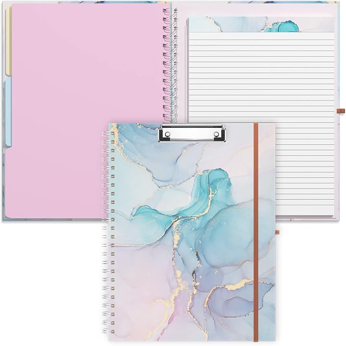 Rimilak Spiral Clipboard Folio with Refillable Lined Notepad, 14.5 x 9.8 In, Hardcover Cover with 5 Interior Pockets, Elastic Band and Pen Loop Series. Cute Stylish Clipfolio, Purple Marble