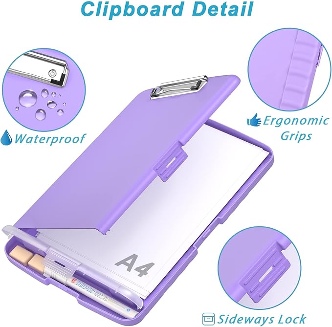 Rimilak Plastic Clipboard with Storage, 8.5 x 11 High Capacity Folio Nursing Case with Pen Holder, Size 14.2 x 9.6 x 1.2″ Folder Side-Opening for Classroom, Teacher, Student, Smooth Writing, Purple