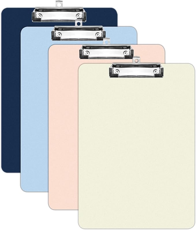 4 Pack Plastic Clipboards Multiple Colors Clip Boards with Low Profile Metal Clip,Hangable Low Profile Clipboard, Standard A4 Letter Size for Studen