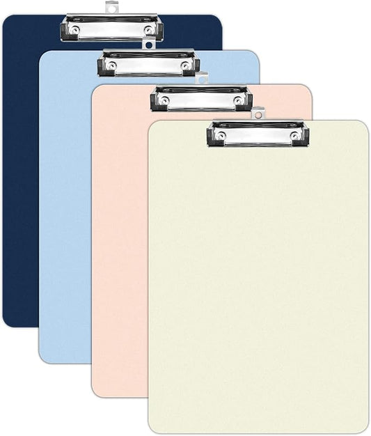 4 Pack Plastic Clipboards Multiple Colors Clip Boards with Low Profile Metal Clip,Hangable Low Profile Clipboard, Standard A4 Letter Size for Studen