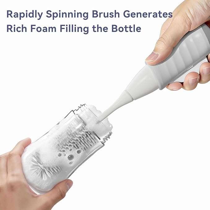 Bottle Brush Set, Innovative Efficient Press-to-Spin Brush Cleaner - Includes Silicone Baby Bottle Brush, Nipple Brush, Straw Cleaner - Spinning Generates Rich Foam for Deep Cleaning, Gray