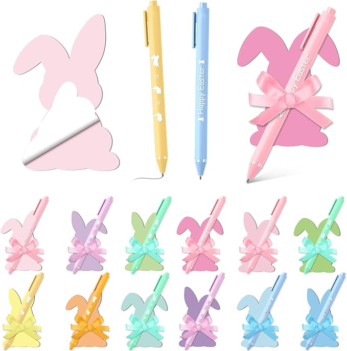 24 Set Easter Bunny Sticky Notes and Pens Set Easter Gifts Colorful Rabbit Self Sticky Note with Pens Rabbit Memo Pads for Classroom Office Supplies Goodies Bag Basket Stuffer Prizes