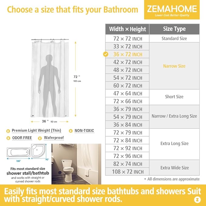 Narrow Size Clear Plastic Shower Curtain Liner, 36x72 Inch Thin Lightweight Transparent Plastic Bathroom Shower Showroom Inner Curtain with Rustproof Metal Grommet Holes and Weighted Magnets