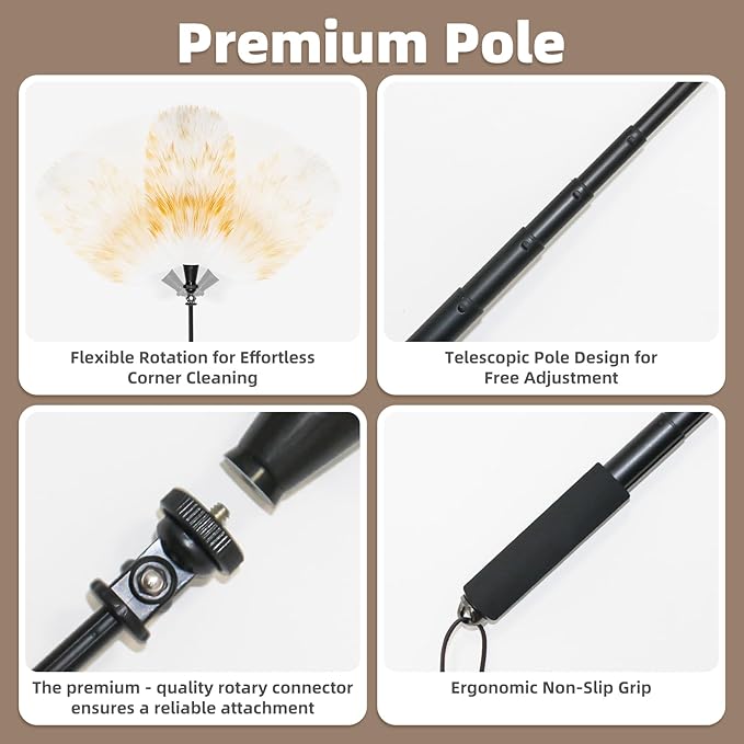 Extendable Lambswool Duster with 23-47 inch Rotatable Aluminium Alloy Pole, Natural Fluffy Reusable Wool Duster for Cleaning High Ceilings, Pendant Lamps, Blinds, Furniture and Roof