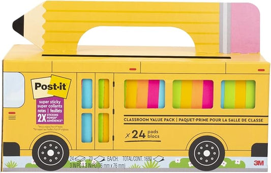Post-it Super Sticky Notes Value Pk,24 Pads,Convenient School Bus Carry & Storage Case,2X The Sticking Power,3x3 in,Bright Colors (Orange,Pink,Blue,Green,Yellow),Recyclable (654-24SSBUS),(Pack of 8)