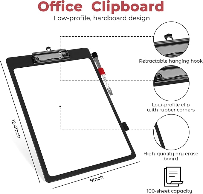 Hardboard Dry Erase Clipboard | 9”x12.5” Premium PU Leather Executive Clipboard with Anti-Ghosting Surface | Strong Clip Holds Letter & A4 Paper | for Office, School, Teacher, Nurse (Black)