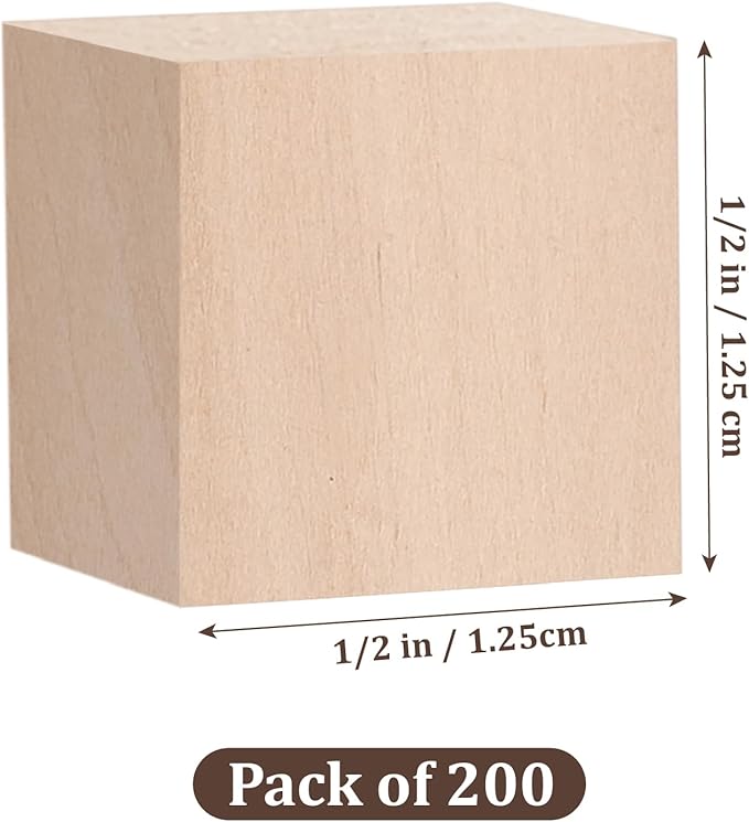 Wood Cubes Wooden Blocks for Crafts 1/2 inch, 200 PCS Small Blank Wood Blocks Wooden Cubes for Crafting, Baby Shower, Unfinished Plain Squares for Counting Blocks, Alphabets Letters, Stamps, Dice