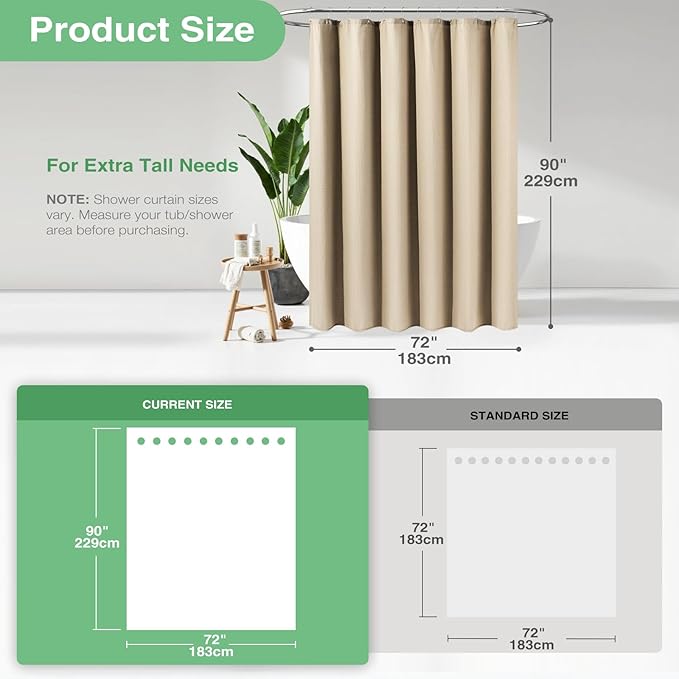 Dynamene Extra Long Fabric Shower Curtain - Waffle Weave 90 Inches Long Heavy Duty Cloth Shower Curtains for Bathroom, 256GSM Tall Hotel Luxury Bath Curtain Set with 12 Plastic Hooks, Beige/Khaki