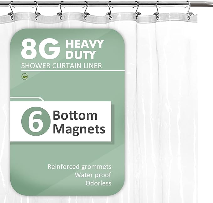 Barossa Design Shower Curtain Liner with 6 Magnets - Heavy Duty PEVA Plastic Shower Curtain for Bathroom, Waterproof Vinyl & See Through Bath Liner, Metal Grommets - Clear, 72x72