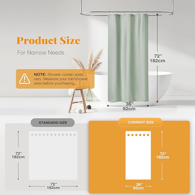 BTTN Fabric Shower Curtain, Linen Textured Heavy Duty Polyester Cloth Shower Curtain Set with Plastic Hooks, Sage Green, 36x72