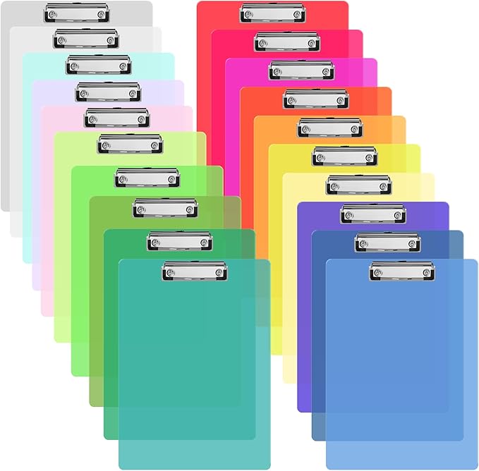 20 Pcs Plastic Clipboards Bulk 20 Assorted Colors 12.5 x 9 In Clear Colored Clip Board Standard A4 Letter Size Low Profile Clipboard Portable for Classroom Office Supplies Students Back to School