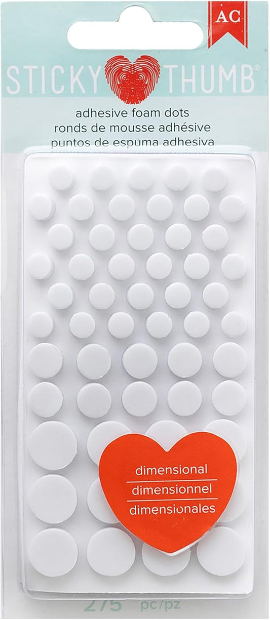 American Crafts Sticky Thumb Dimensional Adhesive Foam 275/Pkg-White Dots, Assorted Sizes