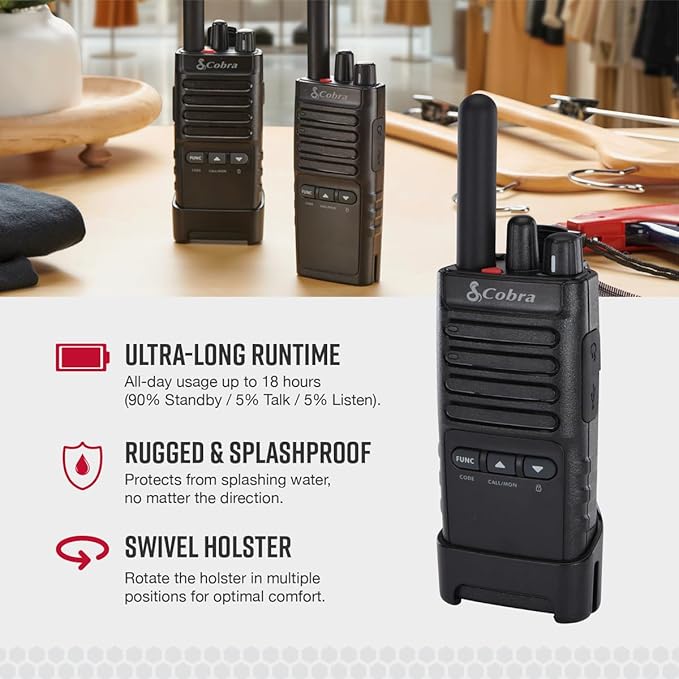 Cobra PX650 - Professional/Business Walkie Talkies - Rechargeable, 300,000 sq. ft/25 Floor Range, Dust Protected and Splashproof (IP54 rating), Two-Way Radio Set (2-Pack)