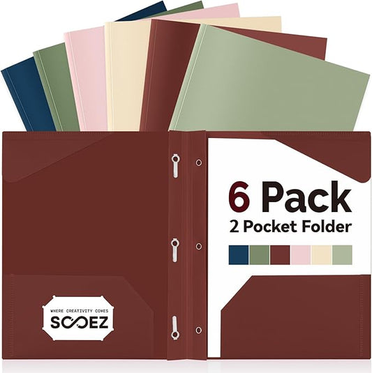 Sooez Folders with Pockets and Prong, 6 Pack, Retro Colors, File Folders with Prongs, 2 Pocket Folders Bulk, Plastic Folder for School College Supplies, Aesthetic Nursing Cute School Supplies