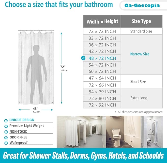 Ga-Geetopia Narrow Size EVA Clear Shower Curtain Liner, Pebble Pattern 48x72 Inch Lightweight Plastic Bathroom Shower Showroom Inner Curtain with Rustproof Metal Grommets and Weighted Magnets