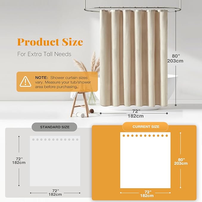 BTTN Long Fabric Shower Curtain - 72x80 Inch Linen Textured Heavy Duty Polyester Cloth Shower Curtain Set with 12 Plastic Hook, Hotel Luxury Waterproof Modern Shower Curtains for Bathroom, Beige/Cream