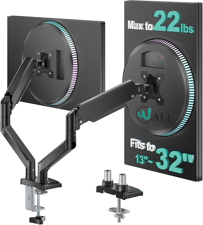 WALI Dual Monitor Stand for 13-32 inch Computer Screens, Dual Monitor Arms for 2 Monitors Holds up to 22 lbs, Height Adjustable Gas Spring Dual Monitors Mount, VESA 75x75/100x100mm (GSMP002N), Black