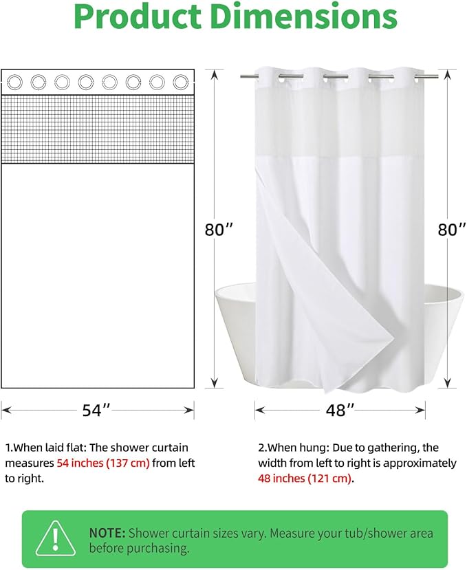 Stall No Hooks Needed White Shower Curtain with Snap-in Fabric Liner Set,Linen Textured Hotel Luxury Decor Farmhouse Shower Curtains for Bathroom,Waterproof & Washable,54Wx80H