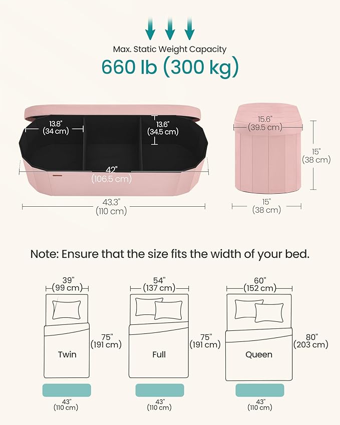 SONGMICS Mazie Collection - Folding Ottoman with Storage, Oval Storage Ottoman Bench, for Living Room, Bedroom, Velvet Fabric, 15 x 43 x 15 Inches, Jelly Pink ULSF297SA01