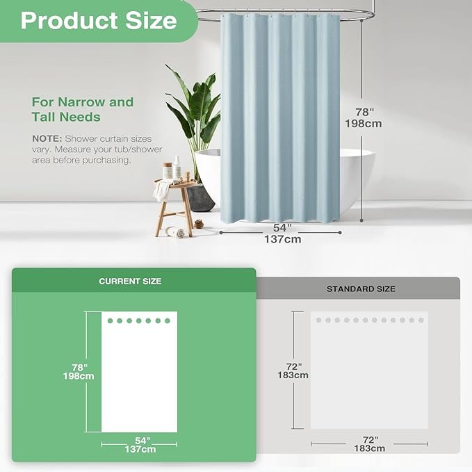 Dynamene Stall Fabric Shower Curtain - 54x78 inch Long Waffle Weave Weighted Thick Cloth Shower Curtains for Bathroom,Heavy Duty Hotel Spa Luxury Bath Curtain Set with 10 Plastic Hooks, Fog Blue