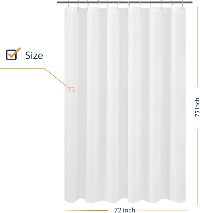 N&Y HOME Longer Shower Curtain Liner Fabric 72 x 75 inches, Hotel Quality, Washable, White Spa Bathroom Curtains with Grommets, 72x75