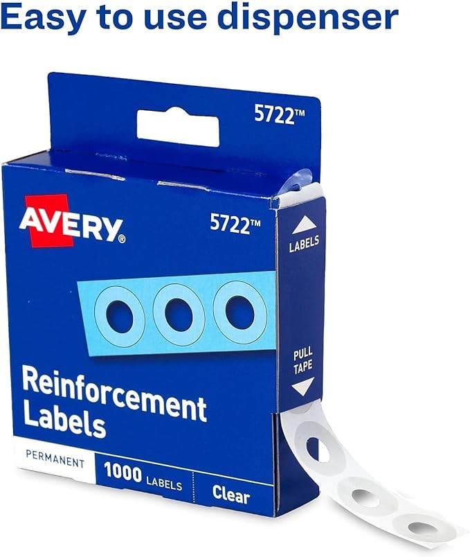 Avery Self-Adhesive Hole Reinforcement Stickers, 1/4" Diameter Hole Punch Reinforcement Labels, Clear, Non-Printable, 1,000 Labels Total (5722) - Pack of 2