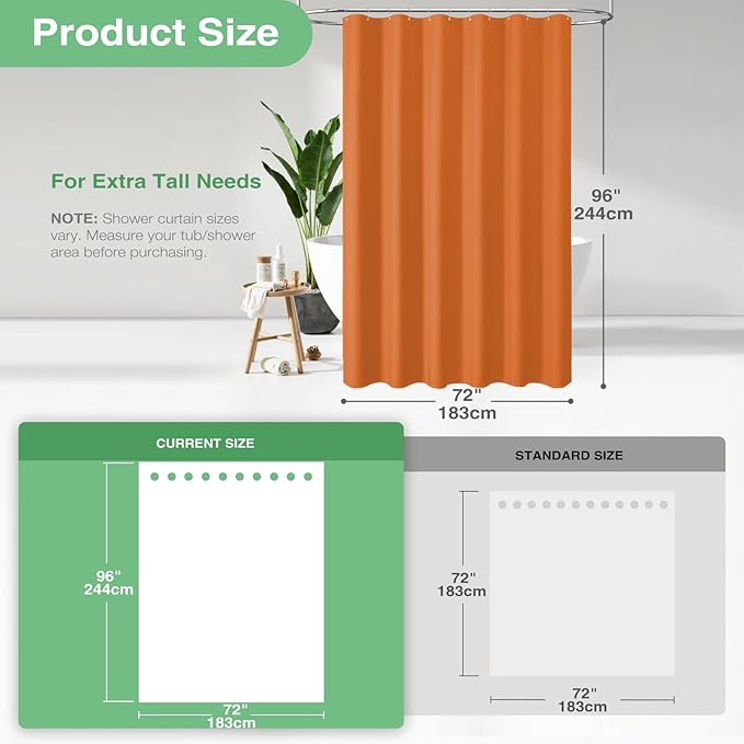 Dynamene Extra Long Shower Curtain - 96 Inch Long Waffle Weave Weighted Thick Cloth Bathroom Shower Curtain, Neutral Heavy Duty Hotel Bath Curtain Set with 12 Plastic Hooks,72x96, Burnt Orange